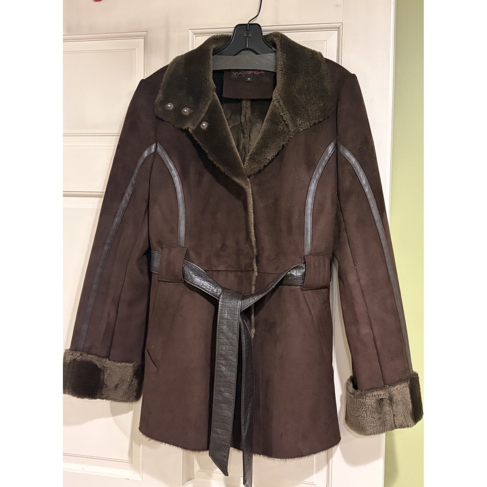 Women's‎ winter coat By Via Spiga Brown Faux Fur wrap Belted Coat